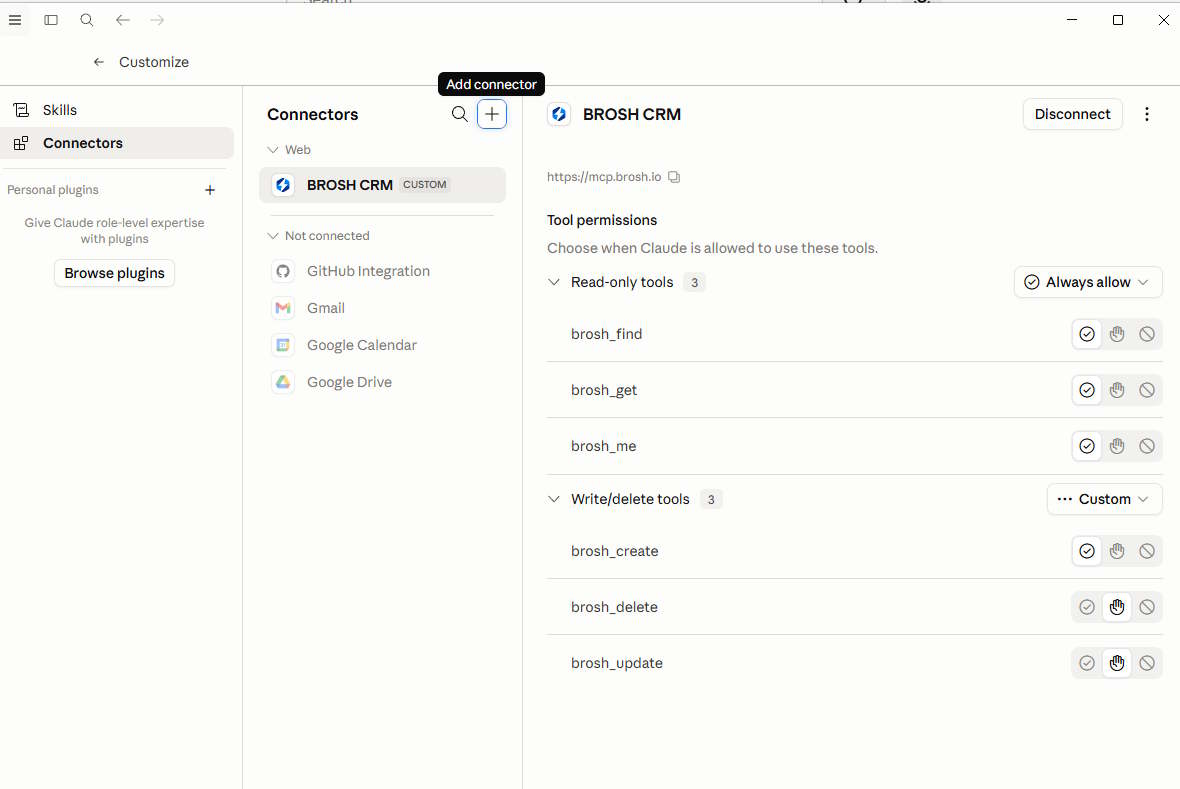 Claude MCP setup screen for BROSH CRM