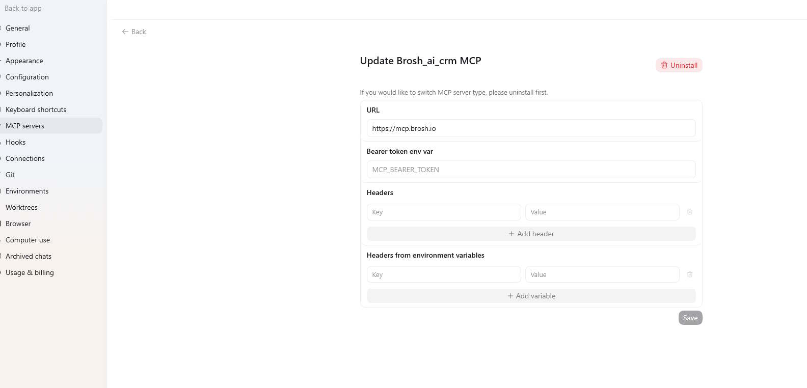 ChatGPT MCP setup screen for BROSH CRM